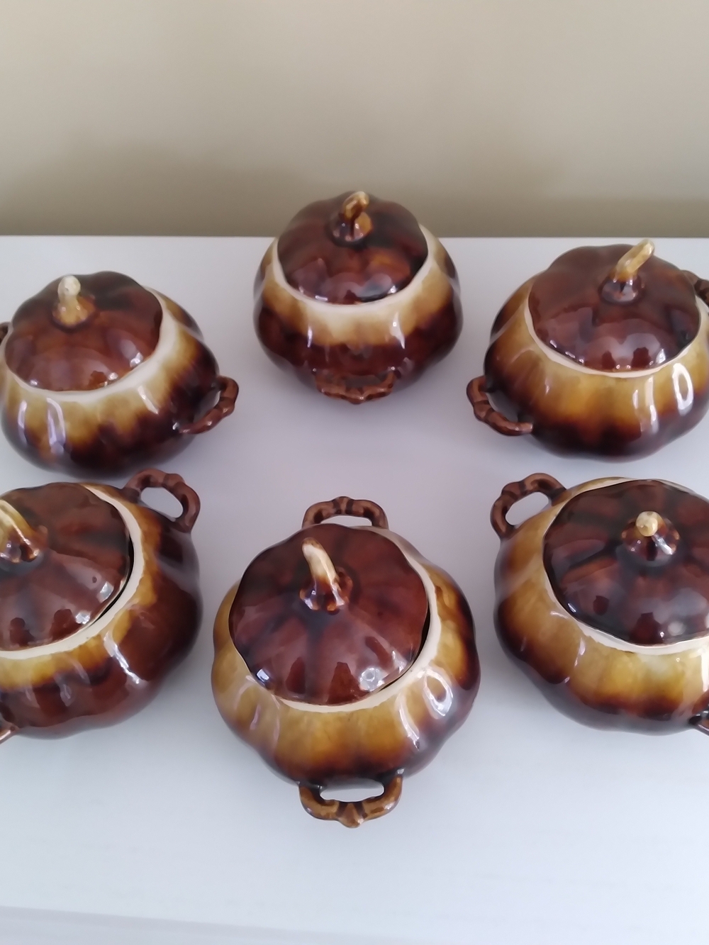 Set of 6 Brown Ceramic Pumpkin Sugar Bowls with Lids